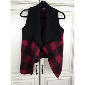 Anne‎ French Buffalo Plaid Wool Vest Women's Lg Open Front & Ribbed Collar Red